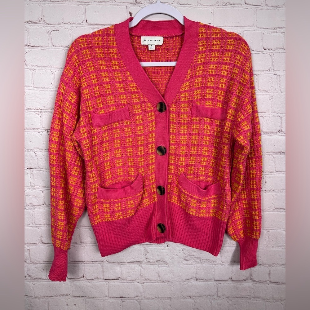 Free Assembly Women's Pink Orange Textured Cardigan Sweater Viscose Sz S EUC